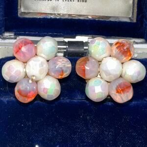Western Germany 1950s AB milk glass pink givré beaded cluster clip on earrings